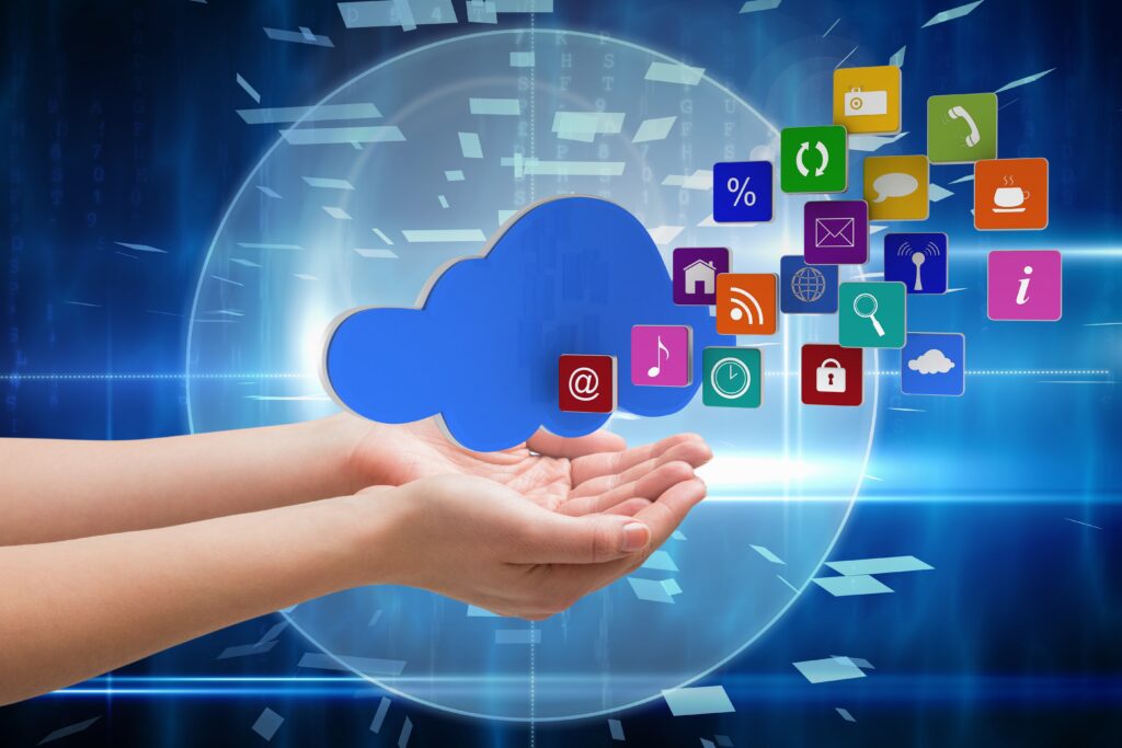 Hands holding cloud with digital app icons representing Lime Torrent file sharing and decentralized content access
