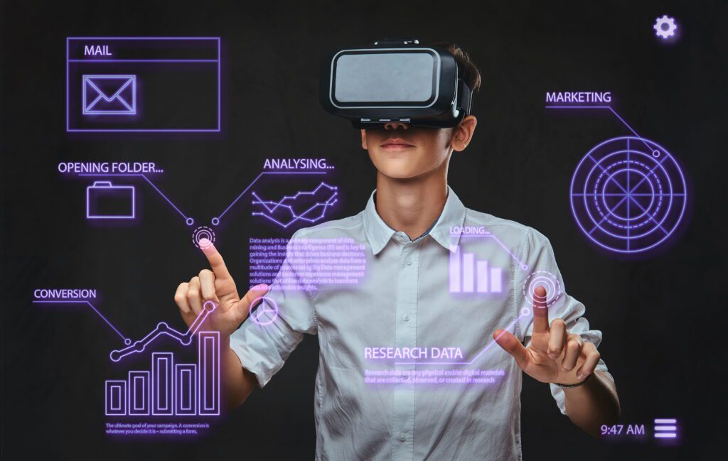 AI in Digital Marketing – Teenager Using VR Glasses with Data Visualization Concept