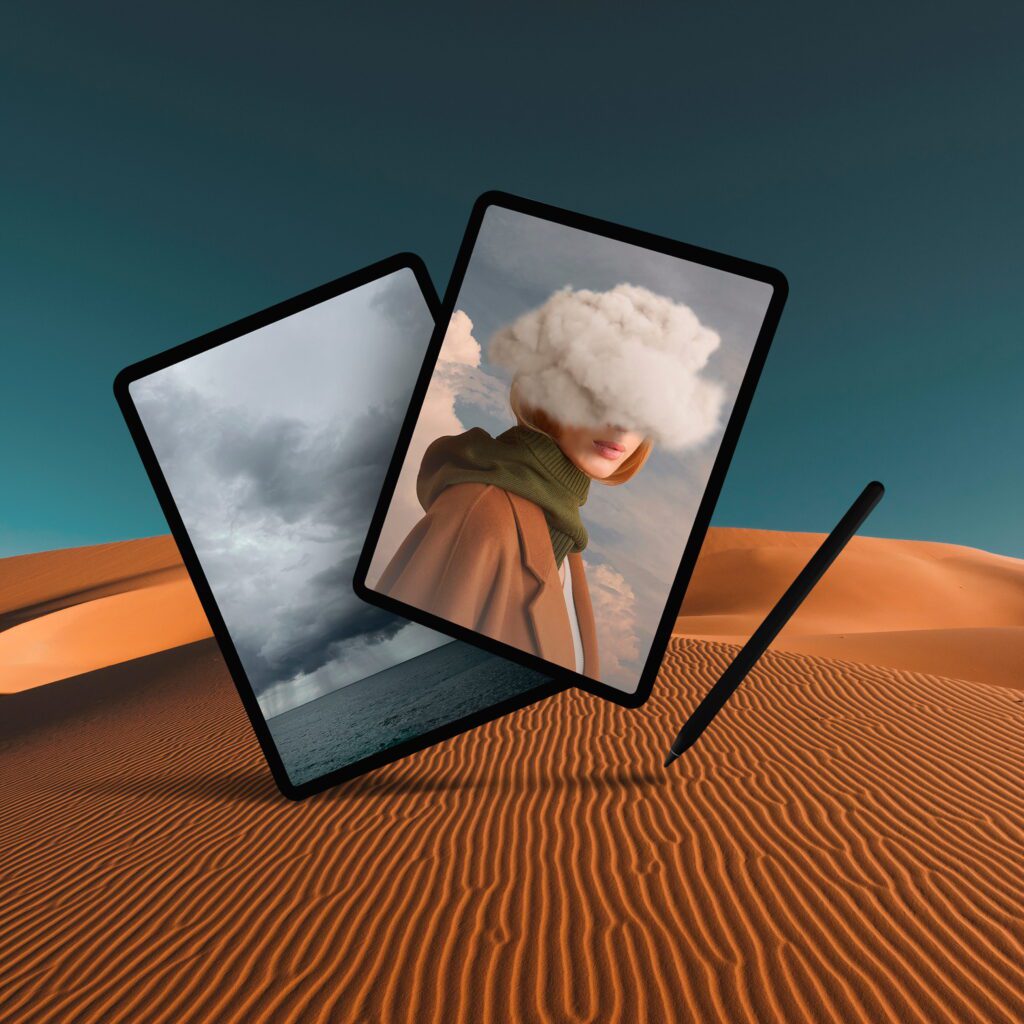 electronic device in nature with green plants outdoor minimal tech setup