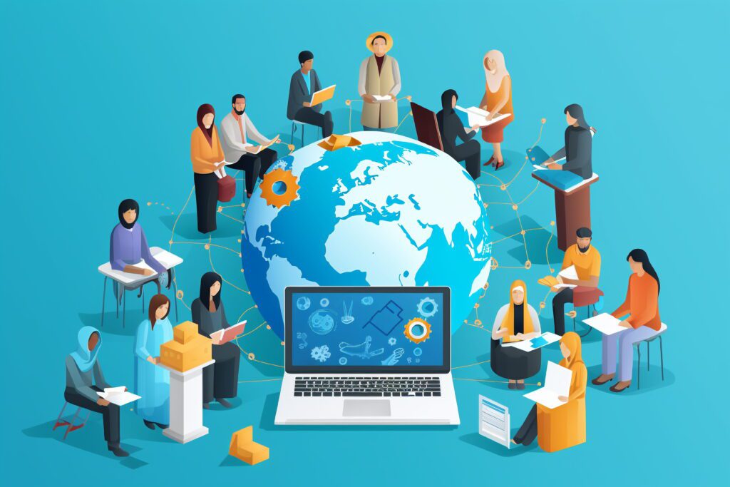 Laptop retrieval service concept with a variety of people multitasking in a 3D cartoon scene representing teamwork and remote operations