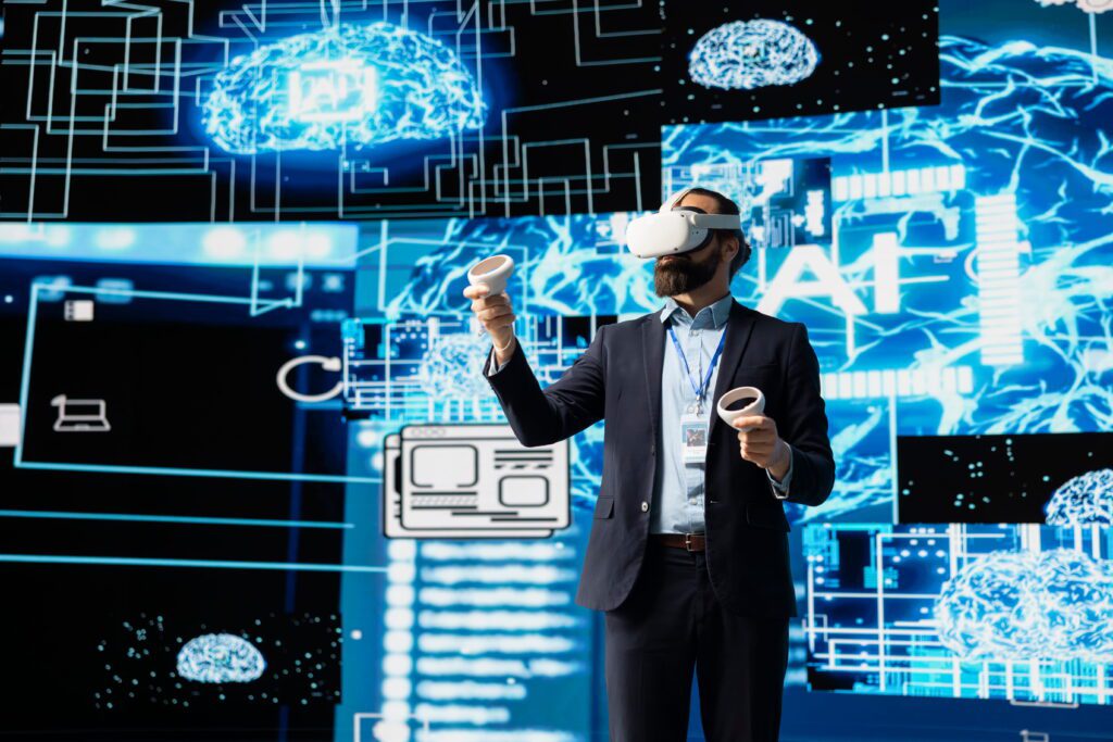 Technology trends in 2026 featuring a businessman using virtual reality and AI-driven neural network interface