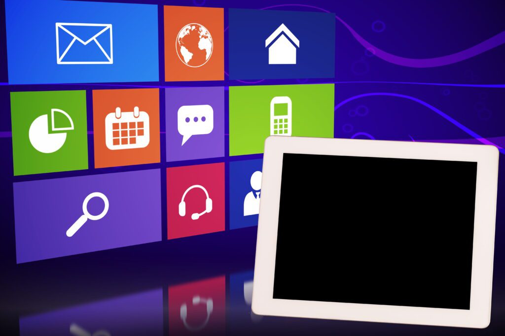 Tablet with icons background representing windows media player 12 download and multimedia entertainment interface