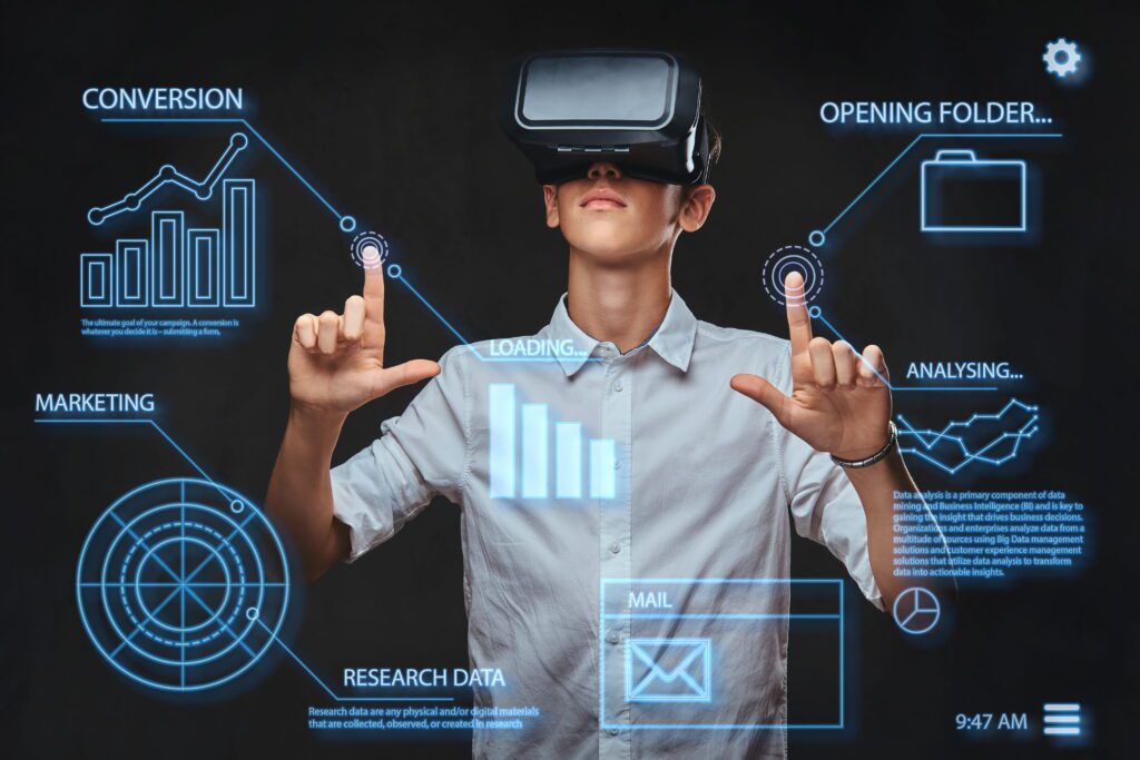 Technology trends in 2026 showing a teenager using virtual reality glasses with digital graph charts and AI data visualization concept