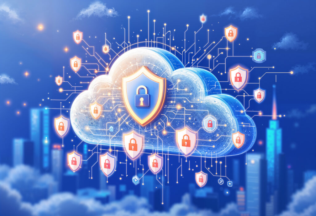 Cloud security concept illustration showing a glowing cloud with shield and padlock icons connected by digital circuit lines representing cloud network security protection in 2026