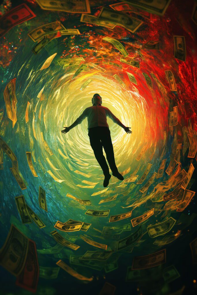 A person floating through a swirling vortex of dollar bills and colorful light representing financial freedom through the best passive income ideas in 2026