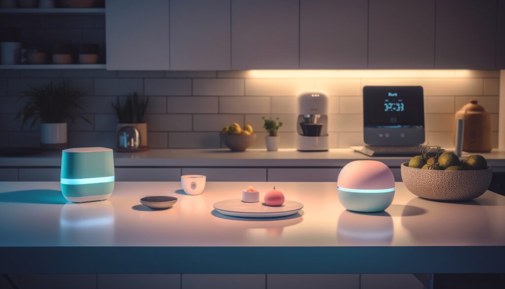 Best smart home gadgets including smart speaker and smart light displayed on a modern kitchen counter