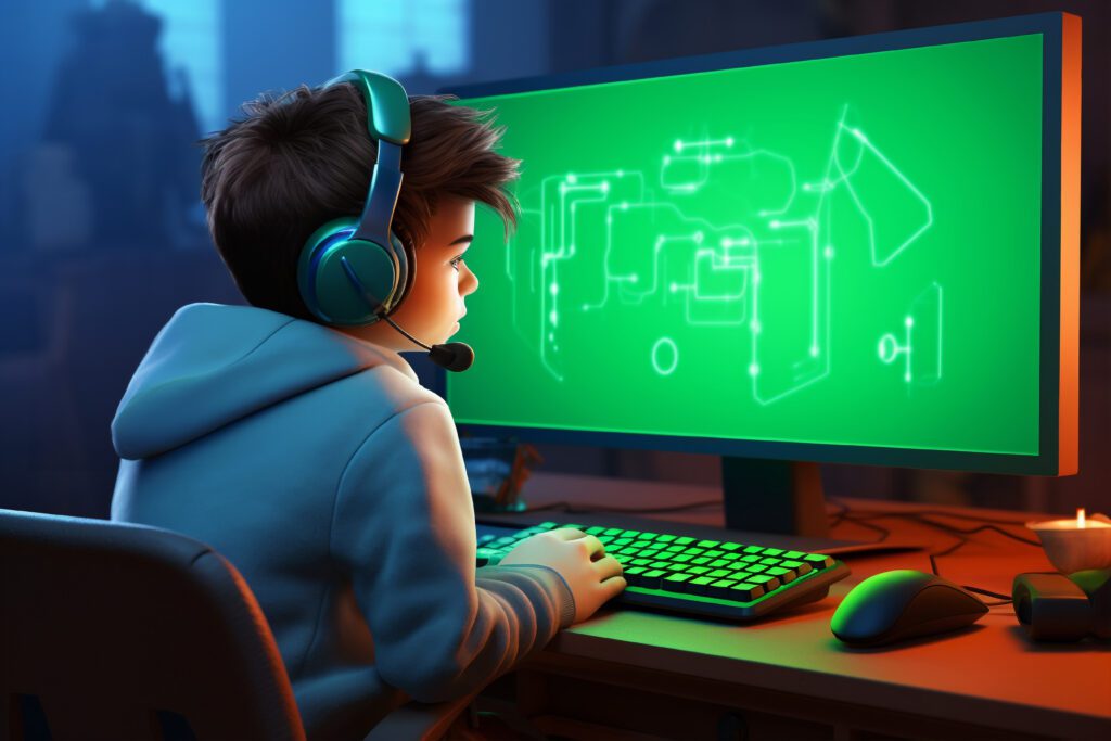 Young gamer playing on Clevo NH70 laptop with green glowing screen and RGB keyboard in dark gaming room
