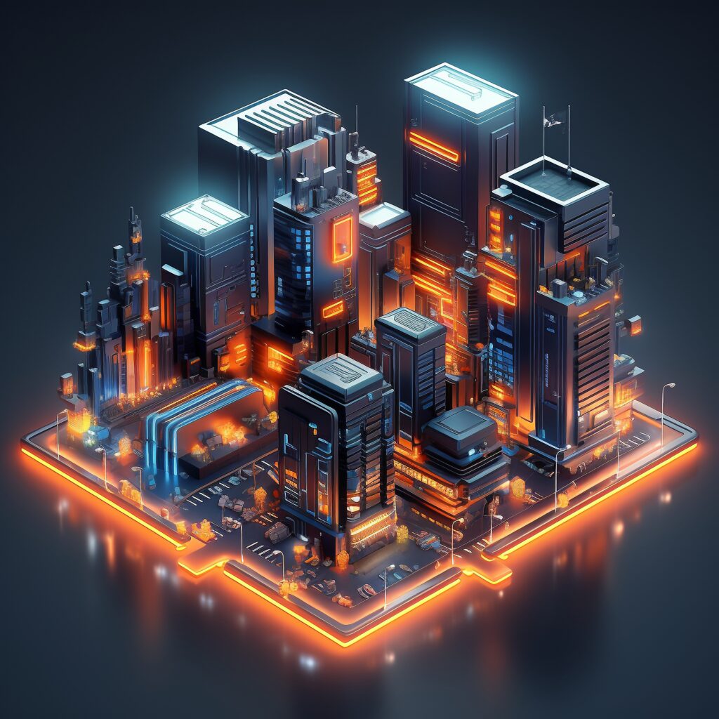 A 3D isometric illustration of a futuristic database server city representing cloud database architecture and modern data management systems