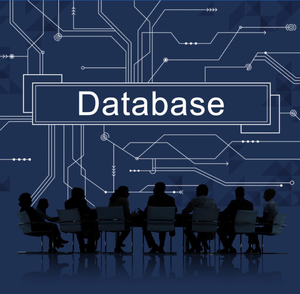 A business team discussing database management system architecture with a digital circuit network background