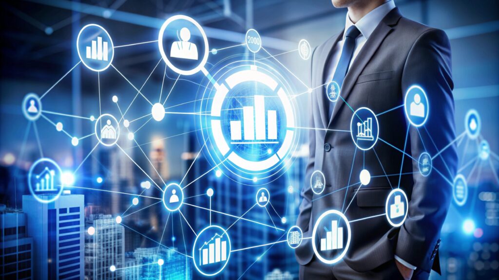 Database Management Explained: Systems, Tools, and Best Practices (2026) A businessman interacting with a digital database management network showing data growth and connected systems