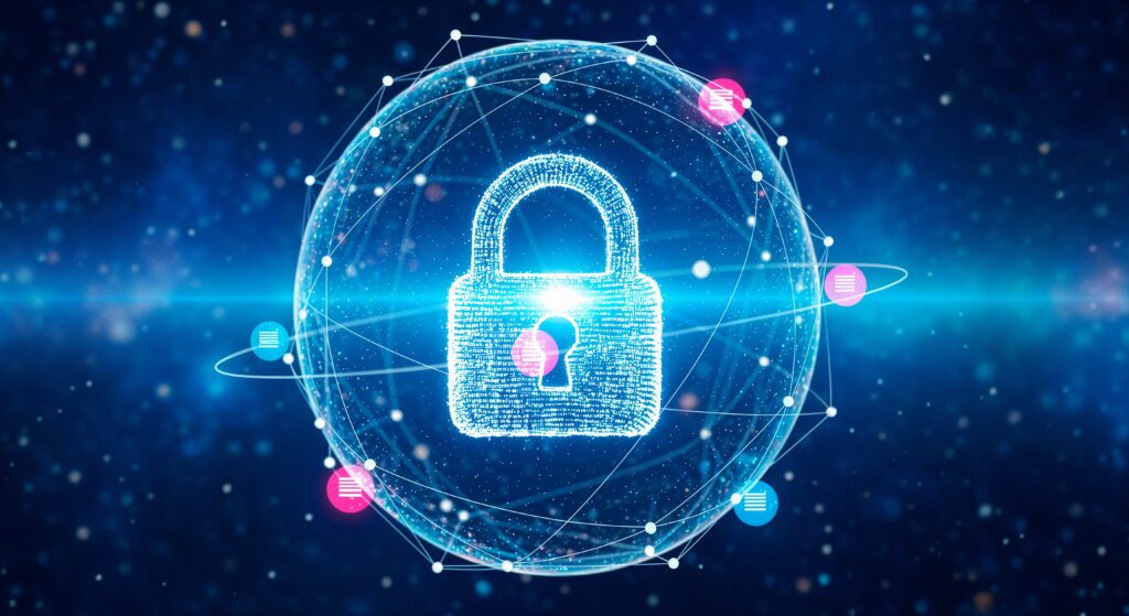 Network security digital padlock with connected nodes representing cybersecurity protection