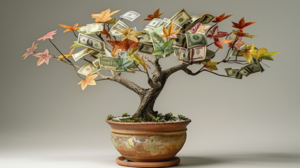 A 3D rendered bonsai money tree with US dollar bills as leaves representing passive income ideas and financial growth