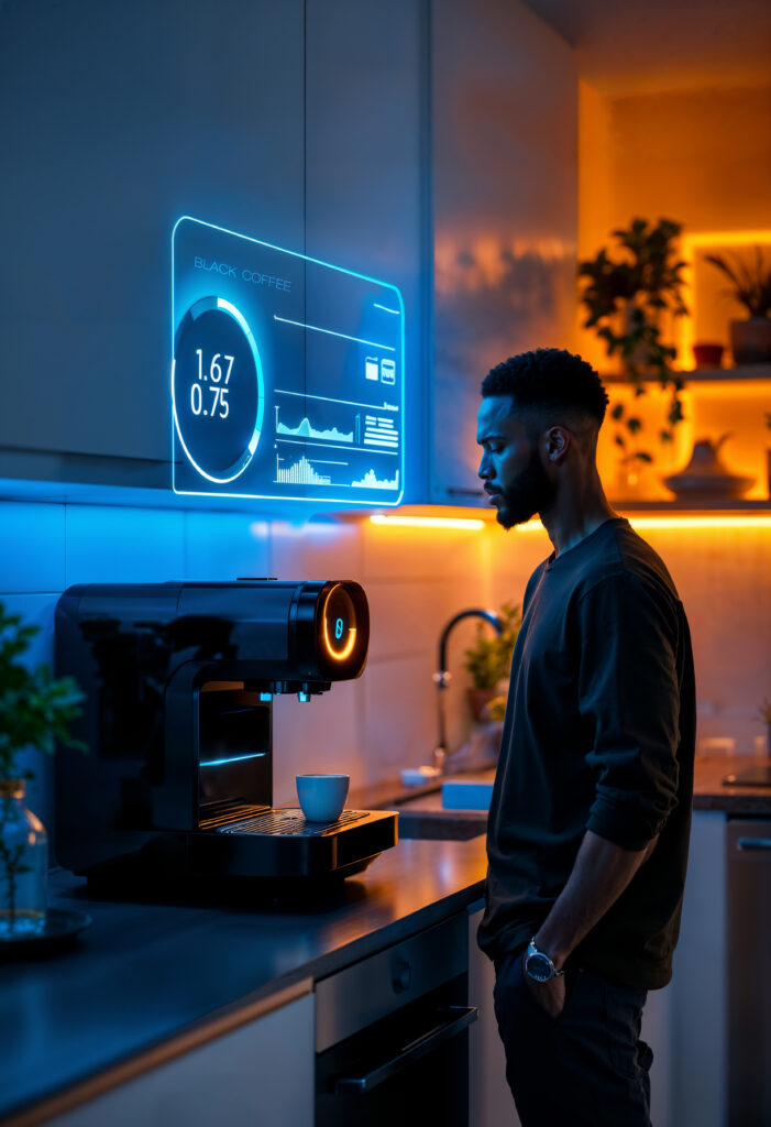 Man using a smart home appliance coffee machine with an AI-powered holographic display in a modern kitchen