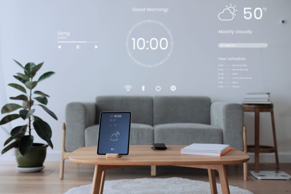 Smart Home Devices: Best Gadgets to Upgrade Your Home in 2026 Smart home devices controlled through a digital tablet on a wooden table in a modern living room