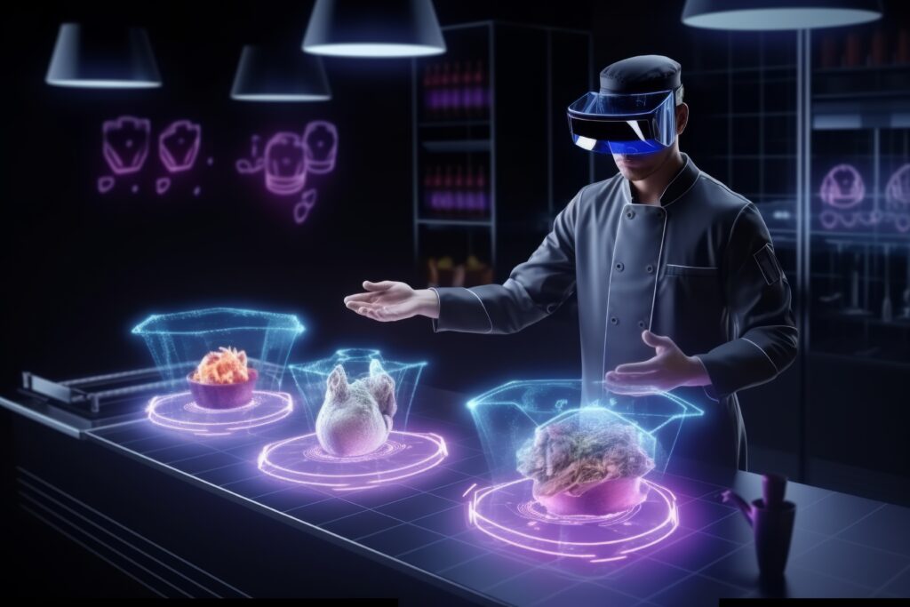 Medical professional wearing a VR headset interacting with holographic organ simulations using virtual reality technology