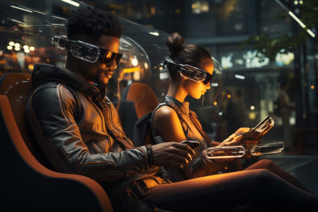 Wearable technology smart glasses worn by two people using futuristic devices in a high-tech city transport setting