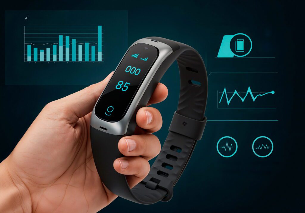 Wearable technology smartwatch fitness tracker displaying real-time heart rate and AI health analytics data
