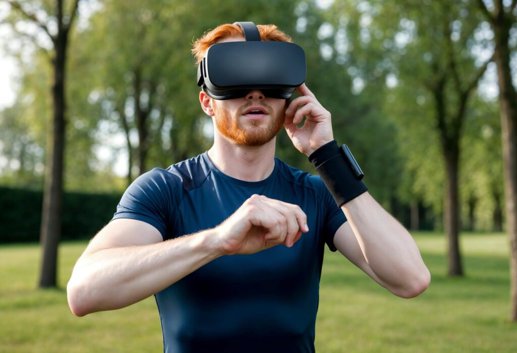 Wearable technology VR glasses worn by a man during outdoor fitness training in a park